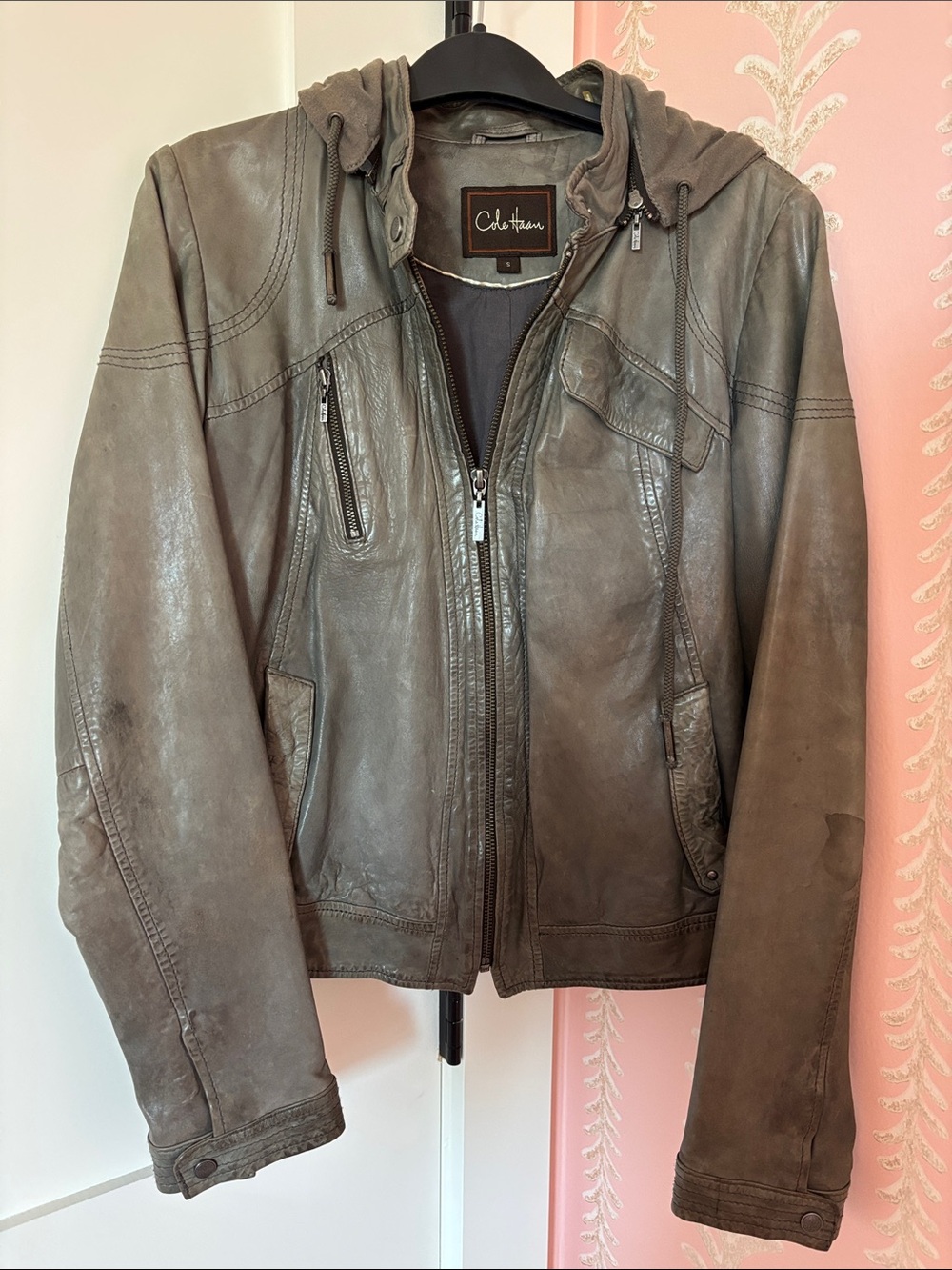 Cole Haan Gray Leather Hooded Jacket